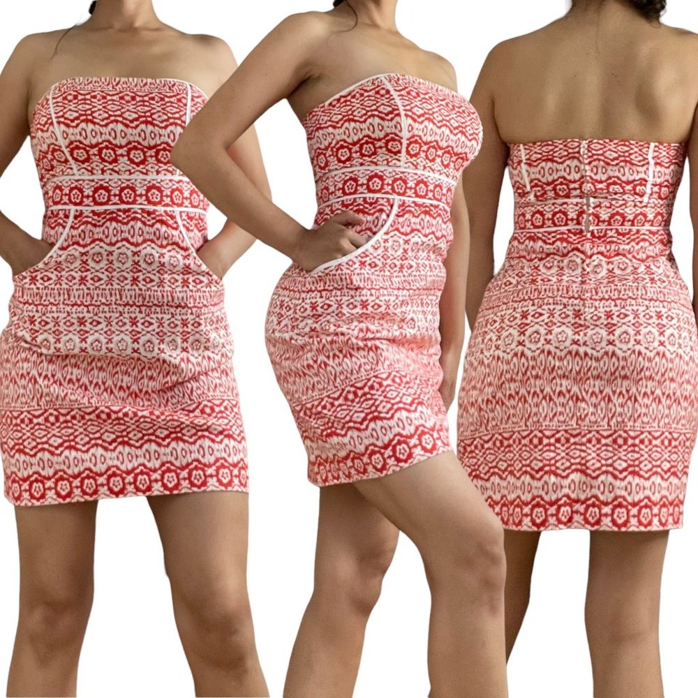 B.Smart|Women|Bodycon Strapless Dress|Size 4| Orange White|Front Pockets|Stretch